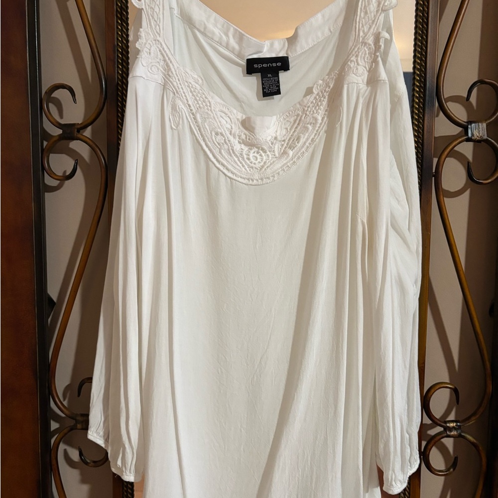 Spense White Lace-Trim Long Sleeve Peasant Blouse